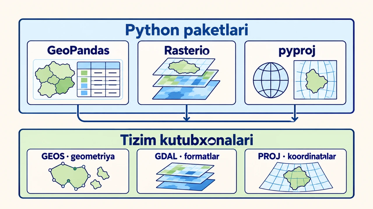 GeoPandas, Rasterio va pyproj Python paketlari ostida GDAL, PROJ va GEOS tizim kutubxonalari joylashgan qatlamli tuzilma