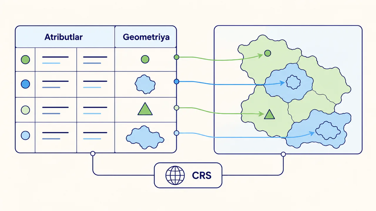 GeoDataFrame jadvalidagi atribut ustunlari, geometriya ustuni va CRS yorlig'ining xaritadagi obyektlar bilan bog'lanishi