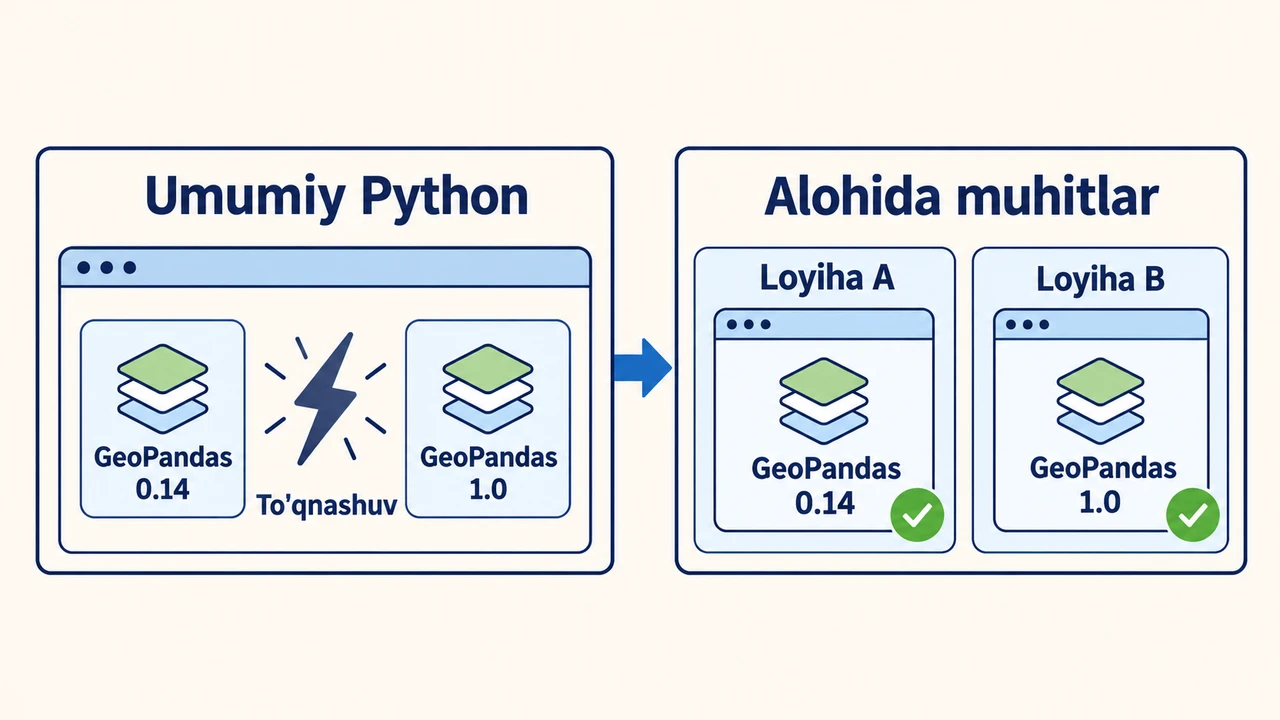 Bitta umumiy Python'da kutubxona versiyalari to'qnashishi va alohida muhitlarda har loyiha o'z versiyasini saqlashi taqqoslangan sxema