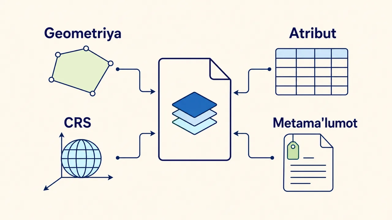 Geometriya, atribut, CRS va metama'lumotning fazoviy format ichida birga yoki alohida saqlanishi