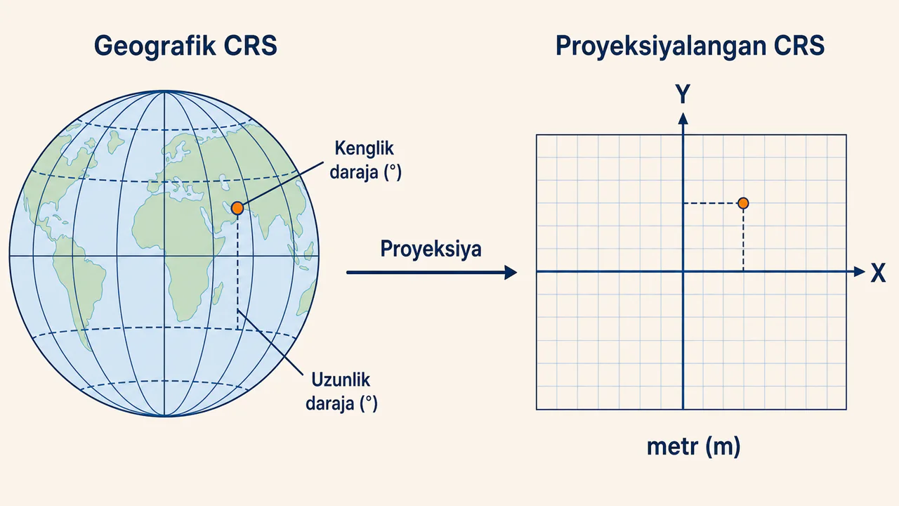 Chapda darajali kenglik va uzunlik bilan globus, o'ngda metrli X va Y to'ri bilan proyeksiyalangan tekis xarita