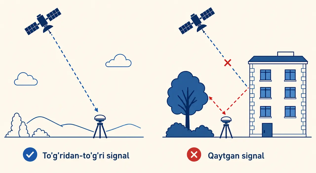 Ochiq osmon ostidagi to'g'ridan-to'g'ri signal bilan bino yonidagi qaytgan signalning aniqlikka ta'sirini solishtiruvchi sxema