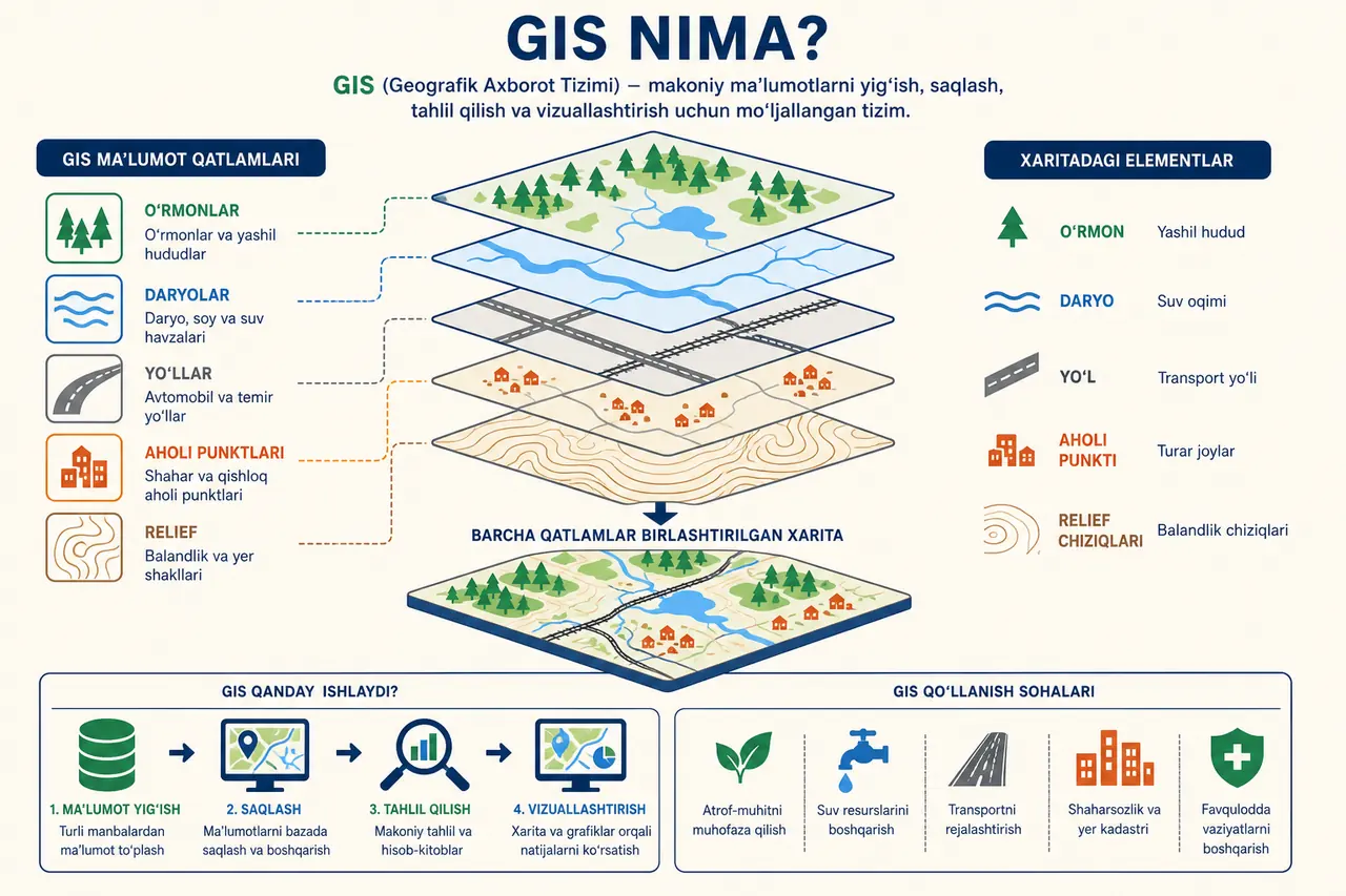QGIS loyihasidagi xarita oynasi, qatlamlar paneli, atribut jadvali va CRS ma'lumoti qanday ishlashini ko'rsatuvchi sxema