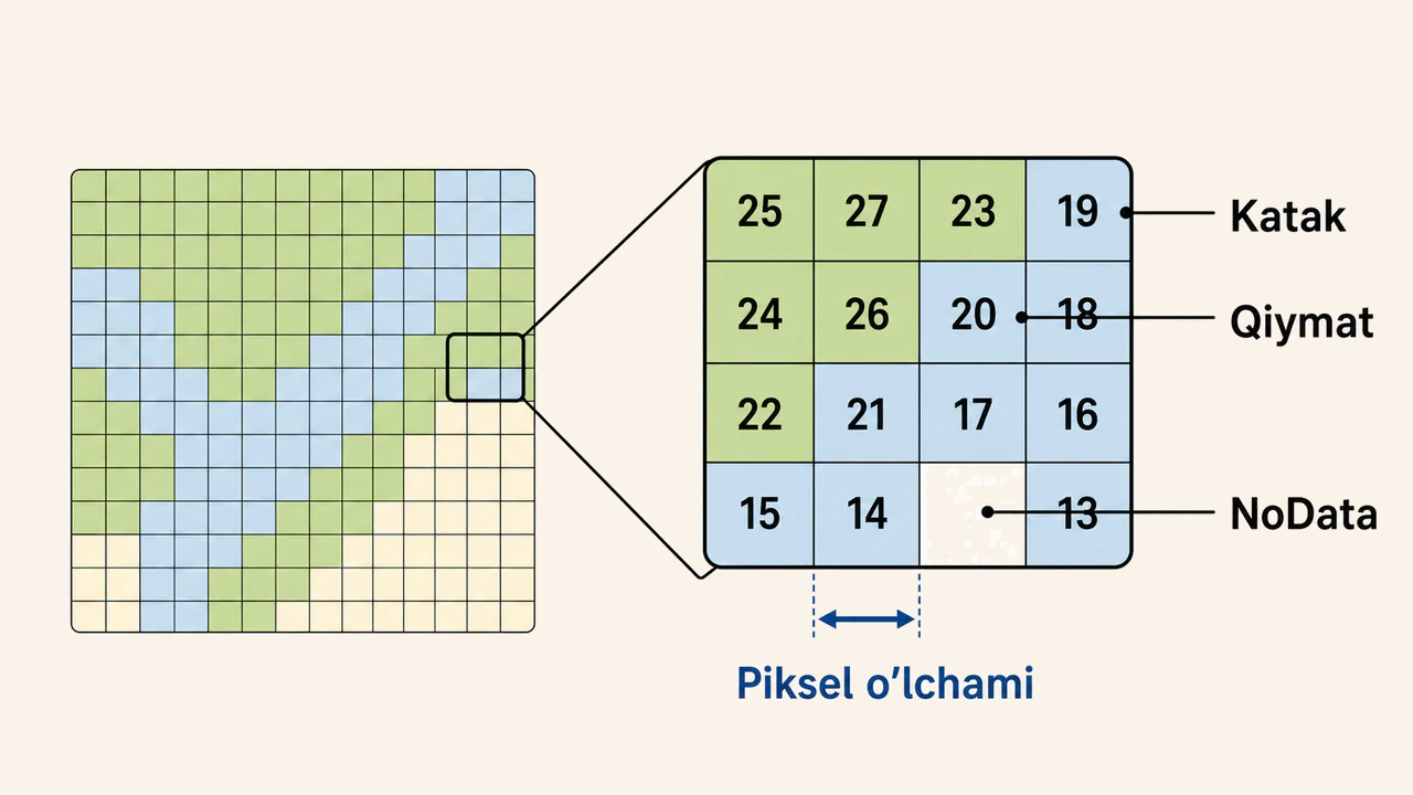 Rastr yuzasidagi kataklar, ularning qiymatlari, piksel o'lchami va NoData katagining tushuntirilishi