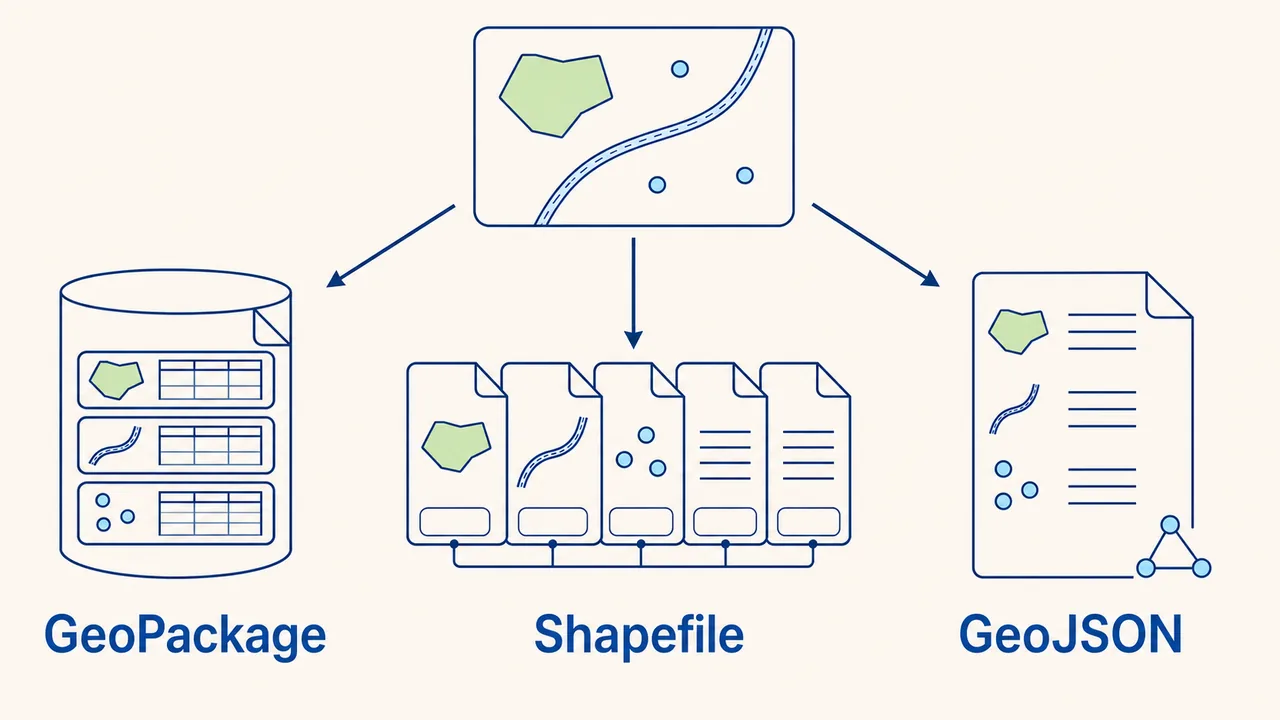GeoPackage, Shapefile va GeoJSON formatlarida bir xil vektor qatlamining turlicha tashkil etilishi