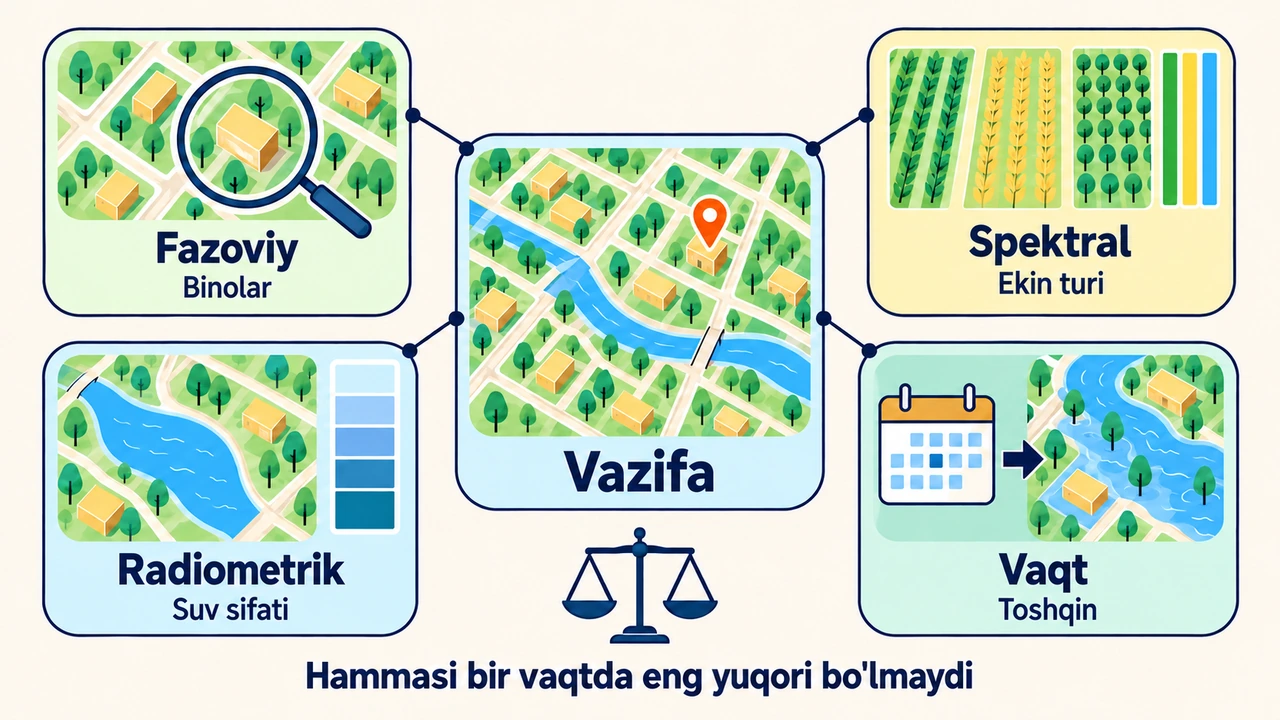 Fazoviy, spektral, radiometrik va vaqt aniqligi o'rtasidagi muvozanat va vazifaga mos tasvir tanlash