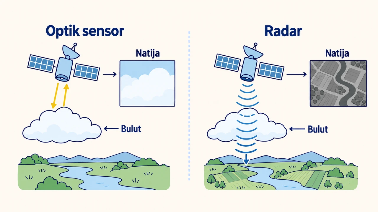 Bulutli kunda optik sensor bulut tepasini, radar esa bulut ostidagi yer yuzasini qayd etishini taqqoslovchi rasm