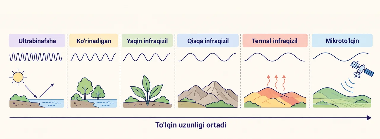 Elektromagnit spektrda ultrabinafsha, ko'rinadigan, yaqin va qisqa to'lqinli infraqizil, termal infraqizil hamda mikroto'lqin diapazonlarining to'lqin uzunligi bo'yicha joylashuvi