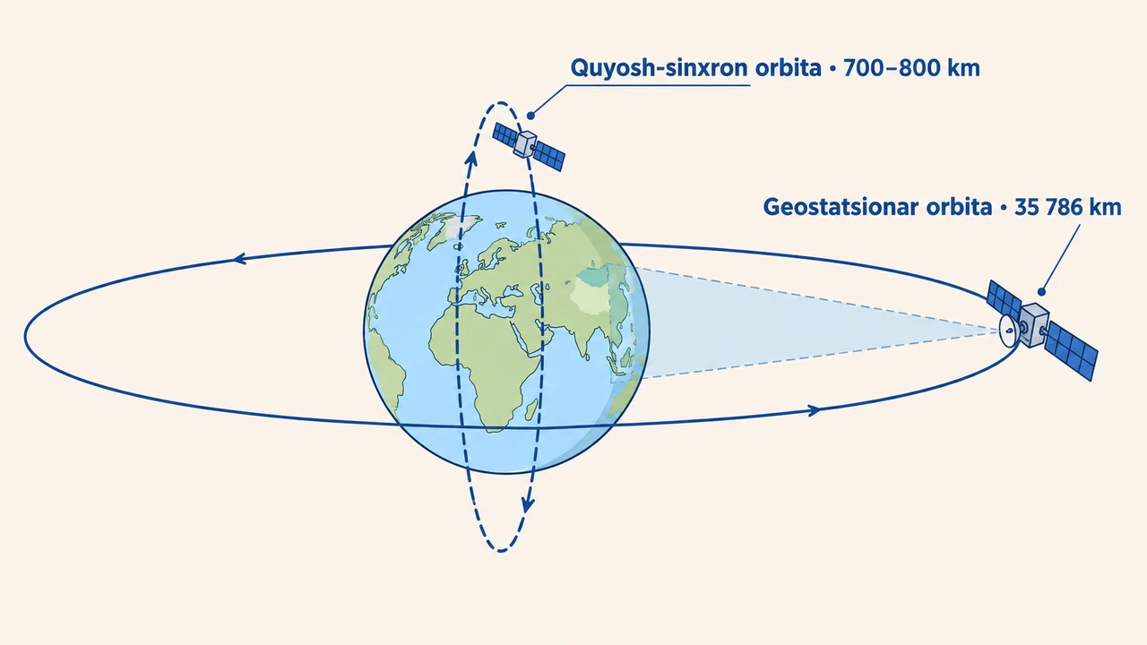 Doim bir hudud ustida turadigan geostatsionar orbita va qutbdan qutbga o'tadigan quyosh-sinxron orbitaning balandlik va qamrov farqi