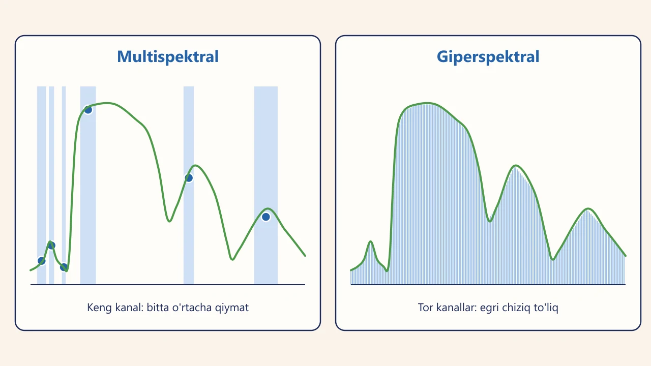 Keng multispektral kanallar va tor giperspektral kanallarning bir xil o'simlik imzosini turlicha namunalashi