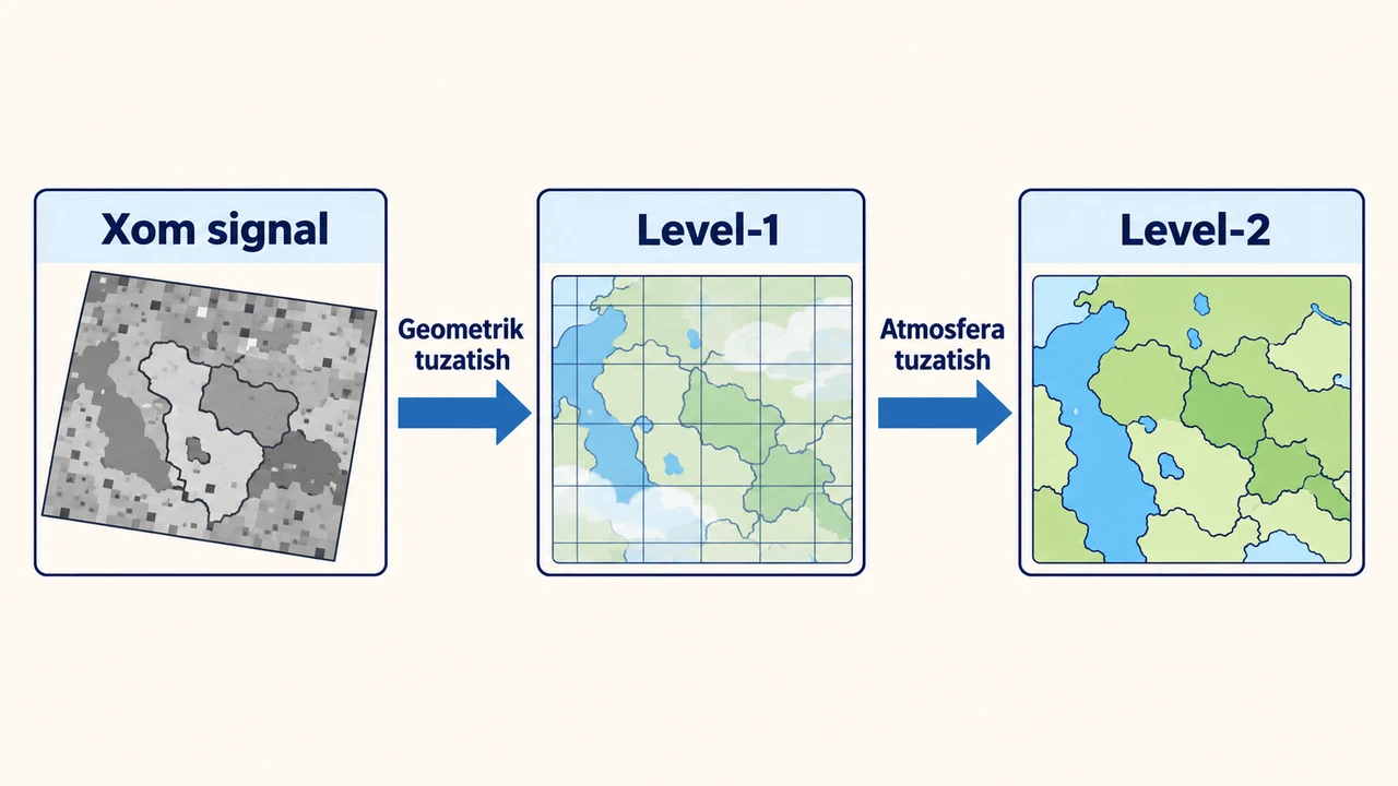 Xom signaldan geometrik tuzatilgan Level-1 va atmosfera tuzatilgan Level-2 mahsulotigacha bo'lgan qayta ishlash bosqichlari