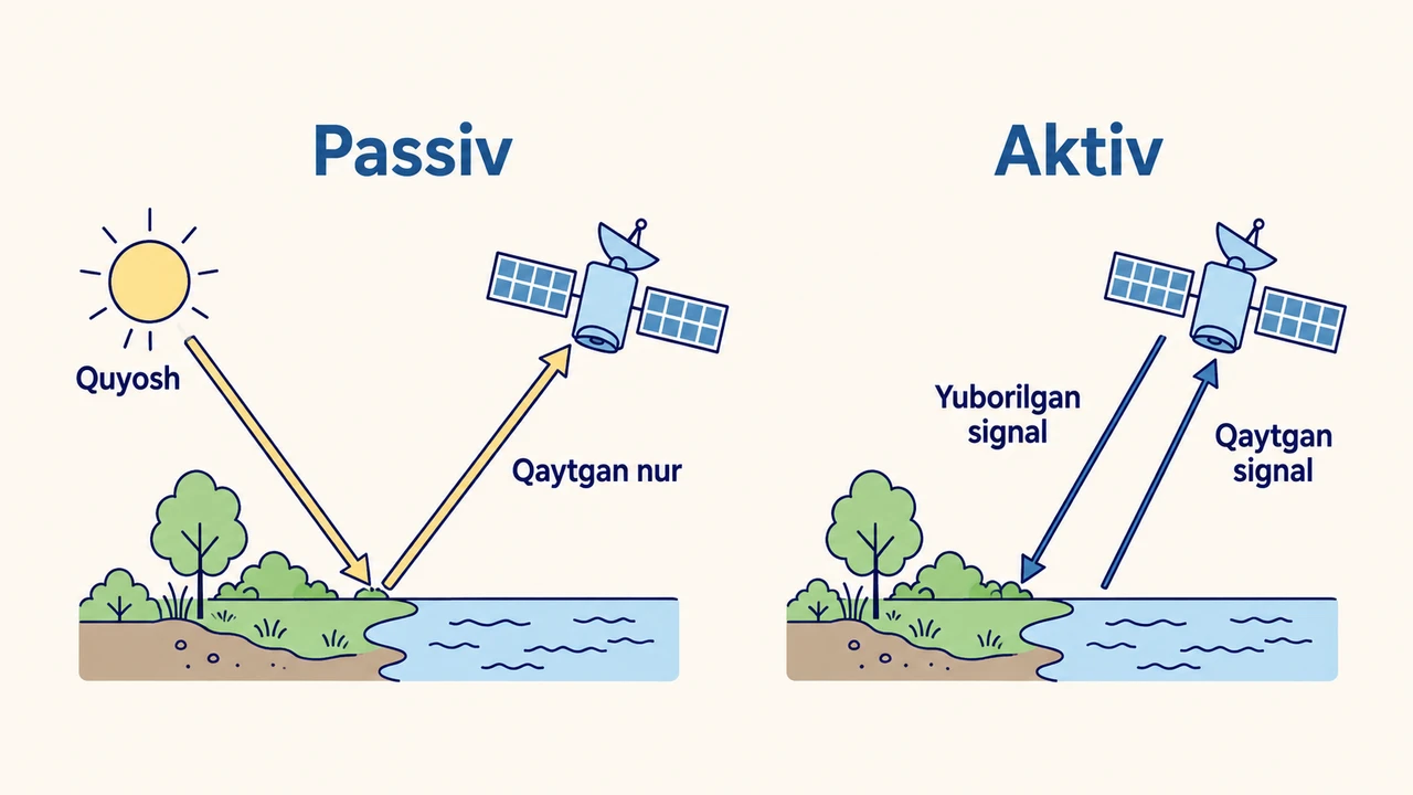 Passiv sensor Quyoshdan kelib yuzadan qaytgan nurni, aktiv sensor esa o'zi yuborgan va obyektdan qaytgan signalni qayd etishini ko'rsatuvchi sxema