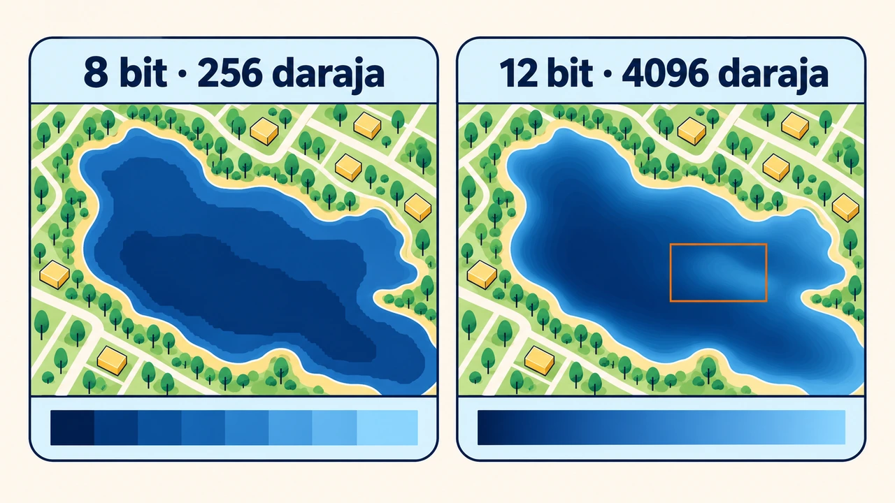 8 bitli va 12 bitli tasvirda bir xil qorong'i suv yuzasidagi yorqinlik darajalarining farqi