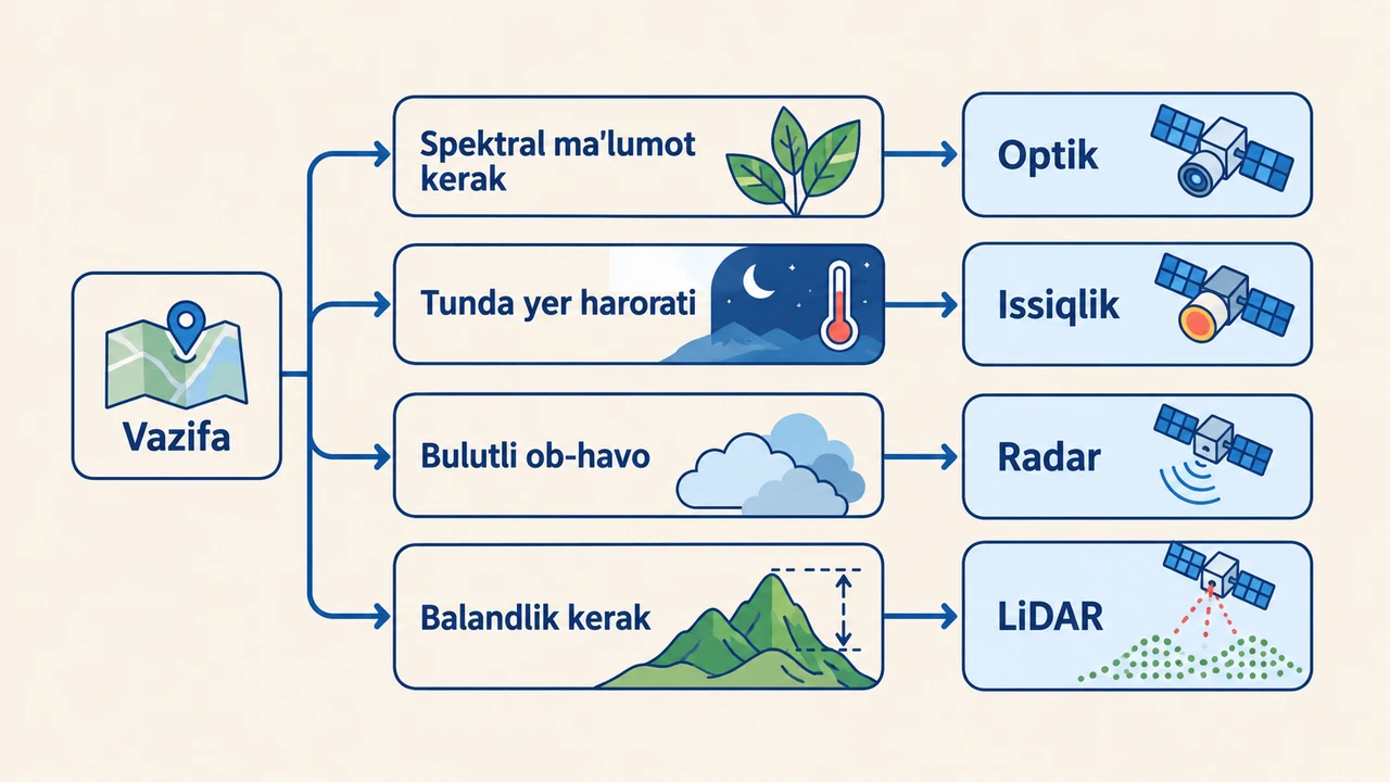 Bulut, tun, balandlik va spektral ma'lumot talabiga qarab optik, issiqlik, radar yoki LiDAR sensorini tanlash sxemasi