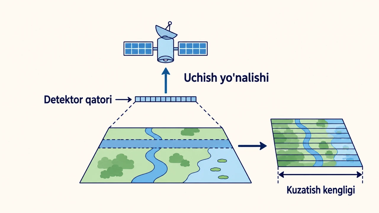 Supurgi usulidagi sensor detektor qatori bilan uchish yo'nalishiga ko'ndalang kuzatish kengligini qatorma-qator yozib olishi