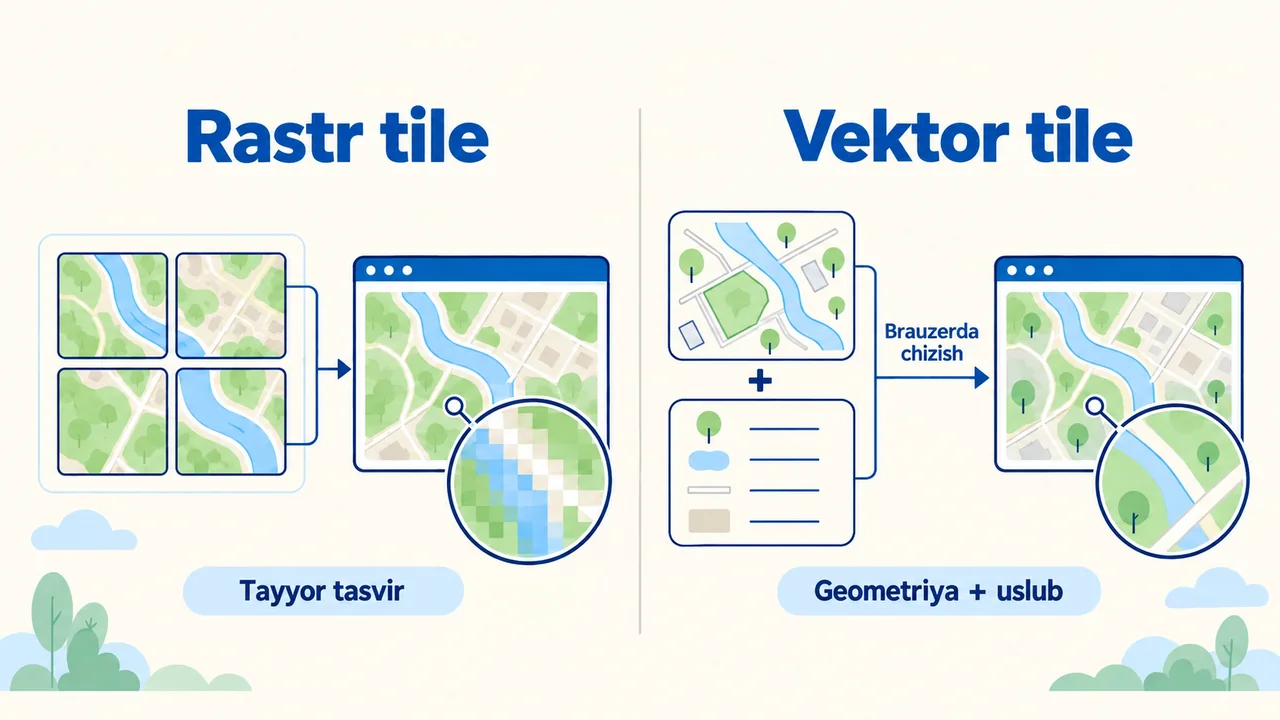 Leaflet'dagi tayyor rastr tile'lari va MapLibre'dagi brauzerda uslub bilan chiziladigan vektor tile'lari farqi