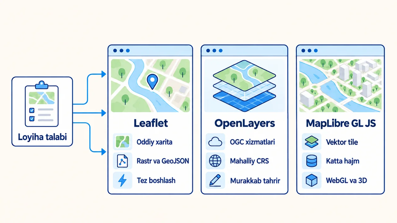 Loyiha talablariga qarab Leaflet, OpenLayers yoki MapLibre GL JS kutubxonasini tanlash sxemasi
