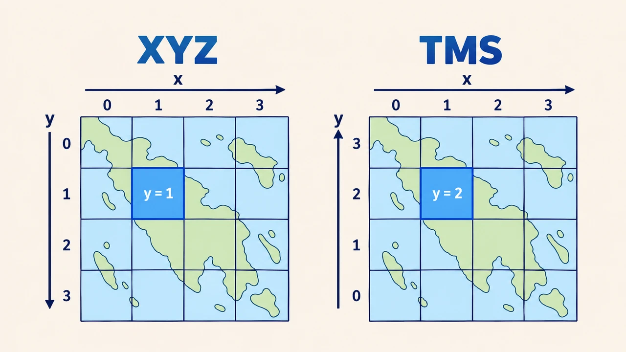 XYZ sxemasida qator raqami xarita yuqorisidan, TMS sxemasida esa pastidan sanalishini ko'rsatuvchi 4×4 tile to'ri